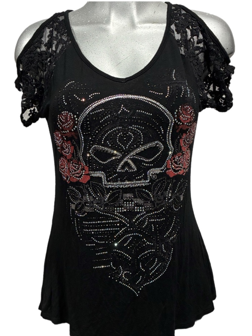 Biker Goth Top Blouse Lace Cold-Shoulder Rhinestone Skull Embellished Roses Med